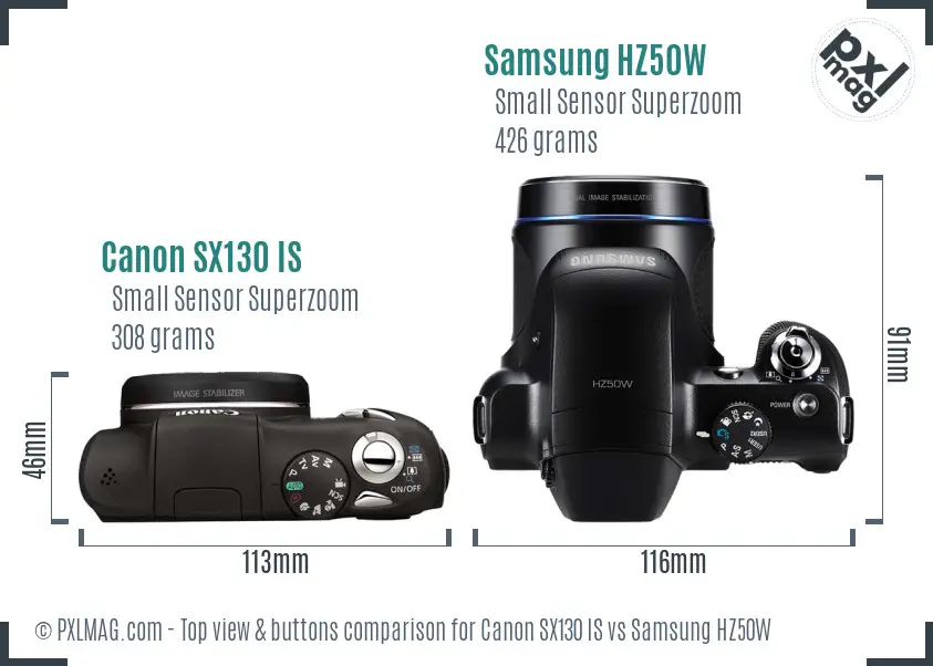 Canon SX130 IS vs Samsung HZ50W top view buttons comparison