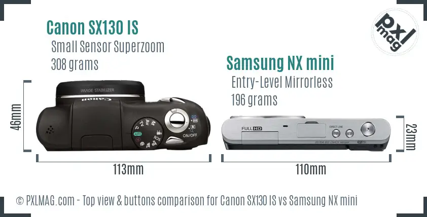 Canon SX130 IS vs Samsung NX mini top view buttons comparison Canon SX130 IS vs Samsung NX mini top view buttons comparison
