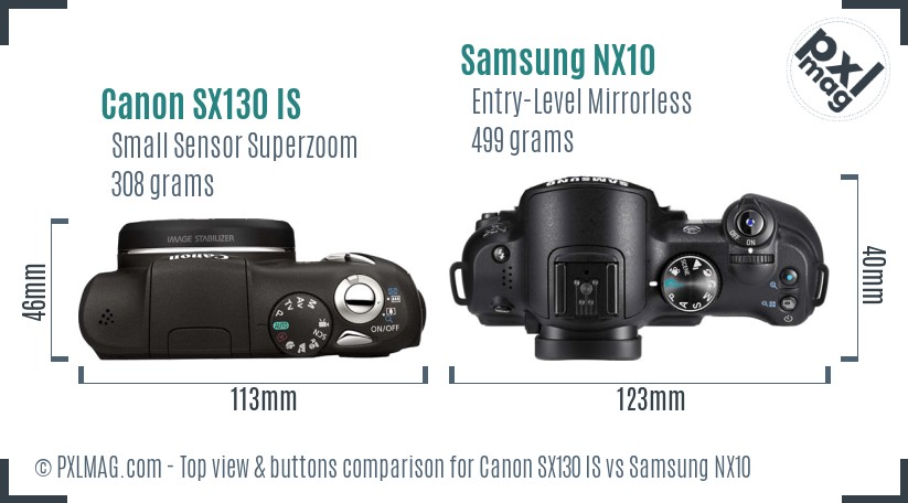 Canon SX130 IS vs Samsung NX10 top view buttons comparison