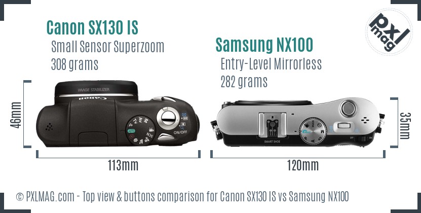 Canon SX130 IS vs Samsung NX100 top view buttons comparison