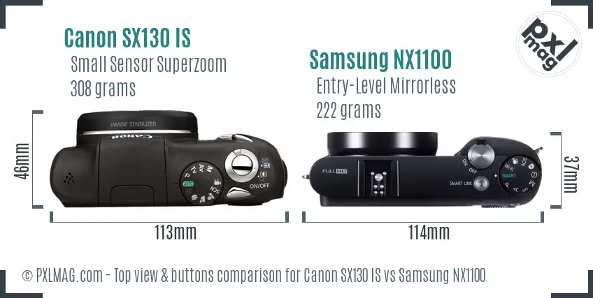 Canon SX130 IS vs Samsung NX1100 top view buttons comparison