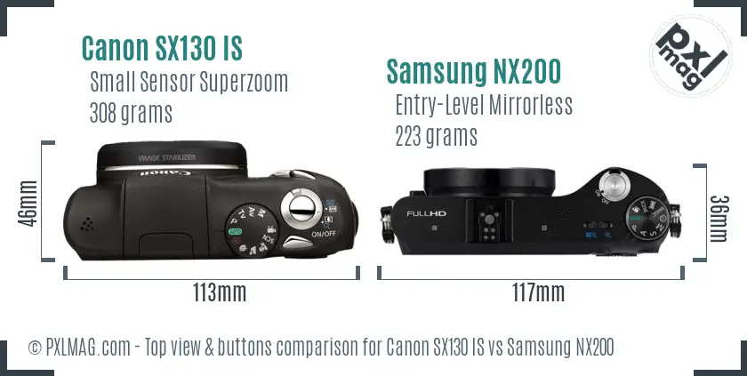 Canon SX130 IS vs Samsung NX200 top view buttons comparison