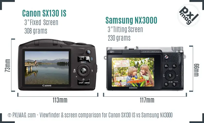 Canon SX130 IS vs Samsung NX3000 Screen and Viewfinder comparison