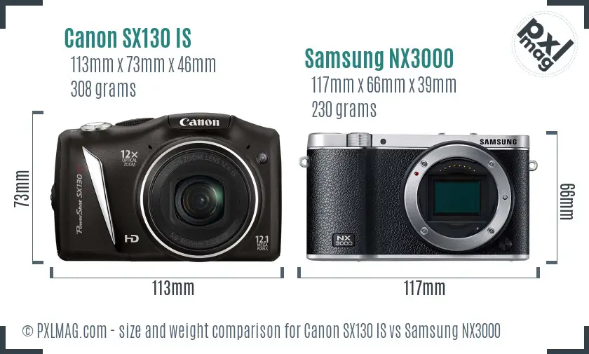 Canon SX130 IS vs Samsung NX3000 size comparison