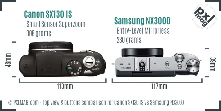 Canon SX130 IS vs Samsung NX3000 top view buttons comparison