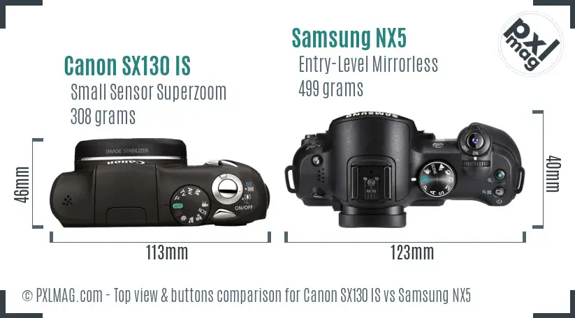 Canon SX130 IS vs Samsung NX5 top view buttons comparison Canon SX130 IS vs Samsung NX5 top view buttons comparison