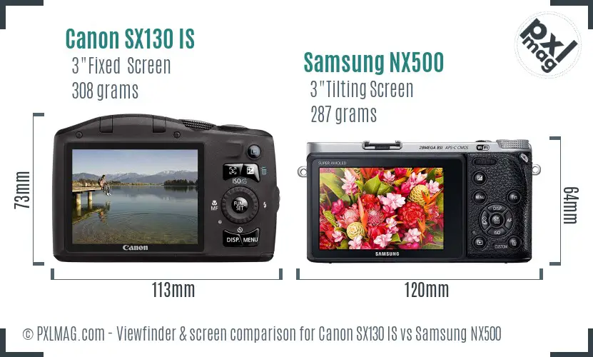 Canon SX130 IS vs Samsung NX500 Screen and Viewfinder comparison