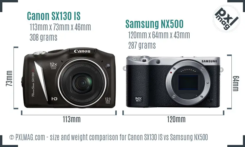 Canon SX130 IS vs Samsung NX500 size comparison