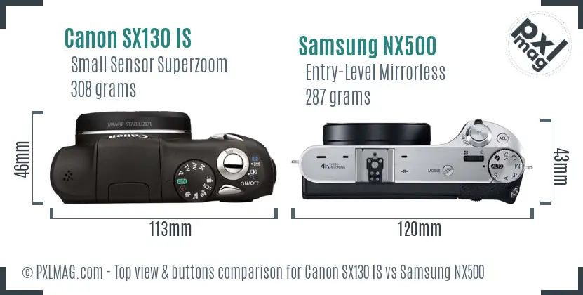 Canon SX130 IS vs Samsung NX500 top view buttons comparison