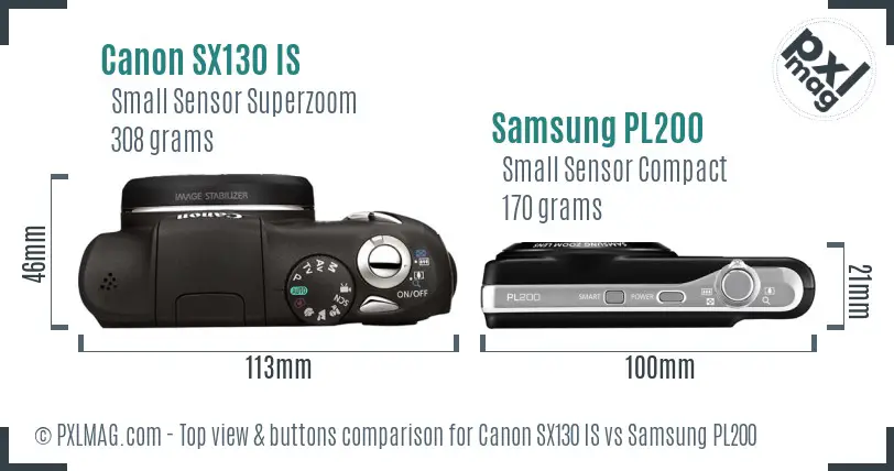 Canon SX130 IS vs Samsung PL200 top view buttons comparison