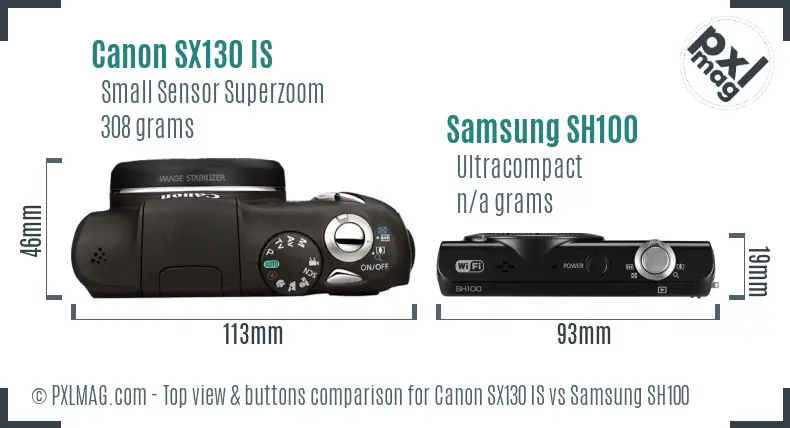 Canon SX130 IS vs Samsung SH100 top view buttons comparison