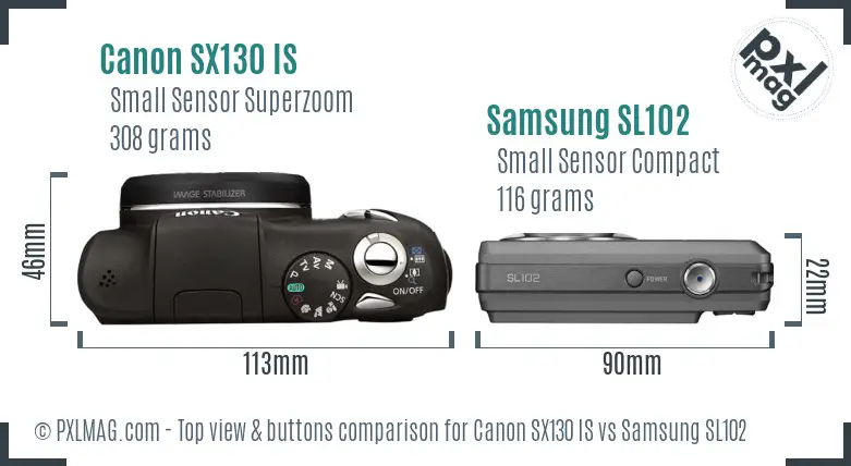Canon SX130 IS vs Samsung SL102 top view buttons comparison