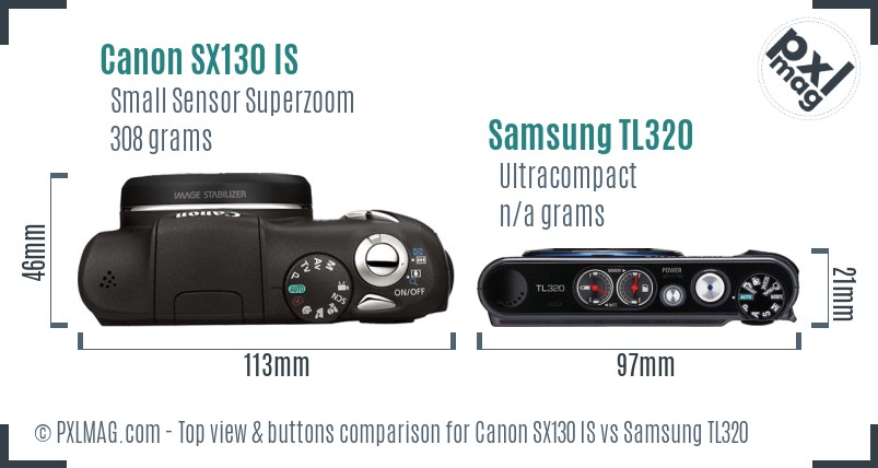 Canon SX130 IS vs Samsung TL320 top view buttons comparison