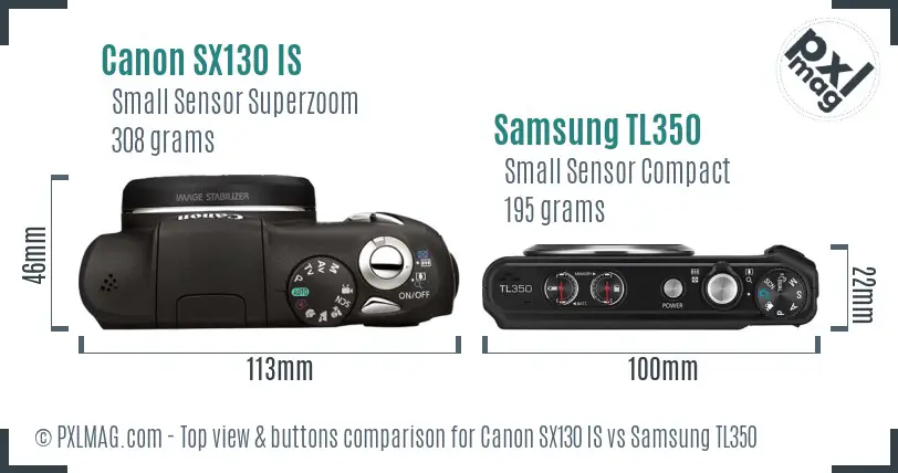Canon SX130 IS vs Samsung TL350 top view buttons comparison