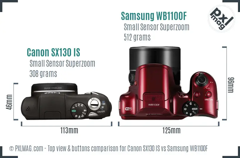 Canon SX130 IS vs Samsung WB1100F top view buttons comparison