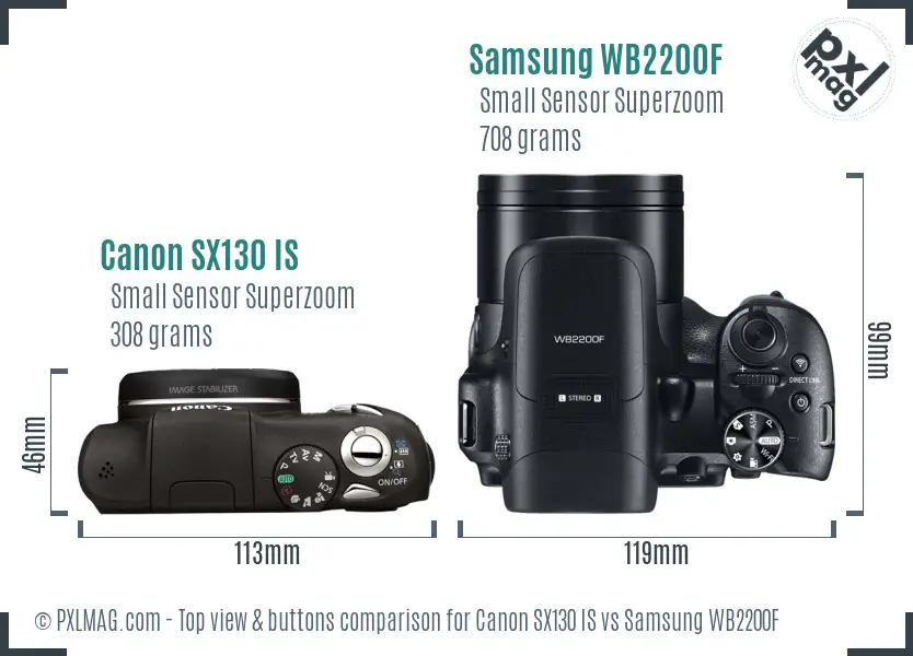 Canon SX130 IS vs Samsung WB2200F top view buttons comparison