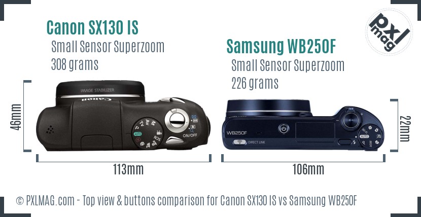 Canon SX130 IS vs Samsung WB250F top view buttons comparison