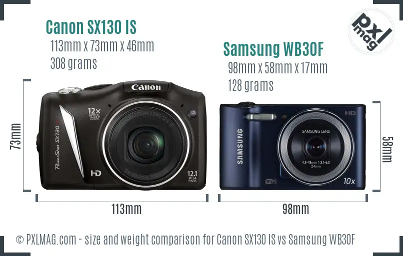 Canon SX130 IS vs Samsung WB30F size comparison