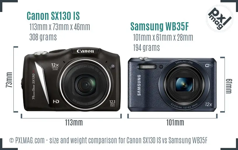 Canon SX130 IS vs Samsung WB35F size comparison