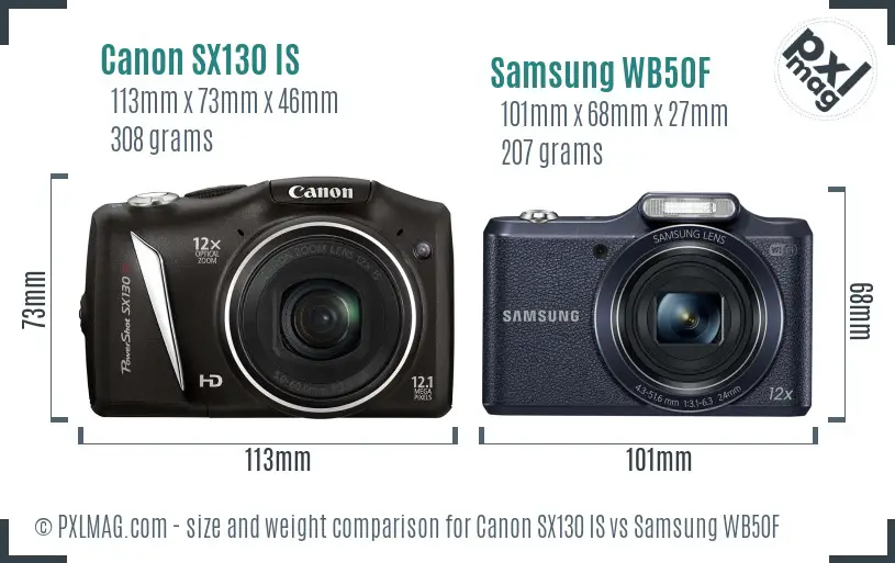 Canon SX130 IS vs Samsung WB50F size comparison