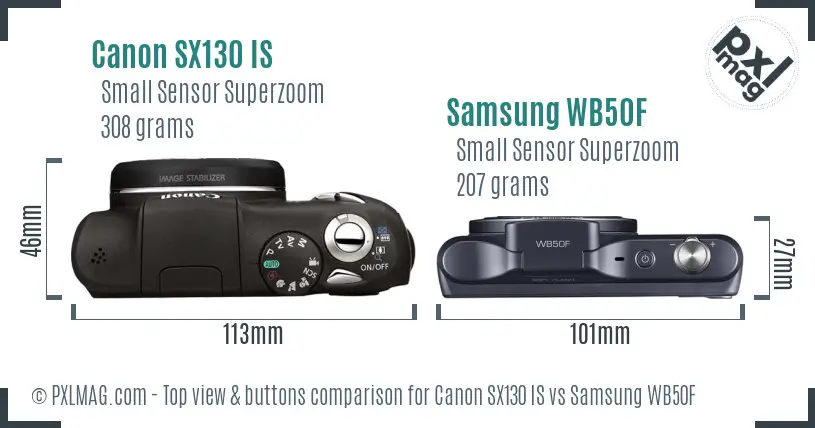 Canon SX130 IS vs Samsung WB50F top view buttons comparison