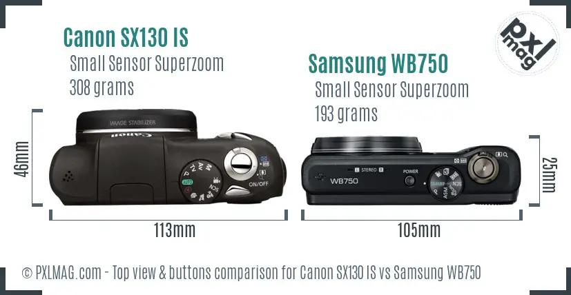 Canon SX130 IS vs Samsung WB750 top view buttons comparison Canon SX130 IS vs Samsung WB750 top view buttons comparison