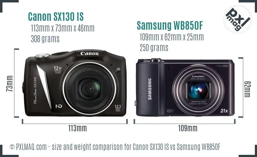 Canon SX130 IS vs Samsung WB850F size comparison