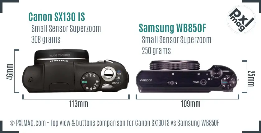 Canon SX130 IS vs Samsung WB850F top view buttons comparison