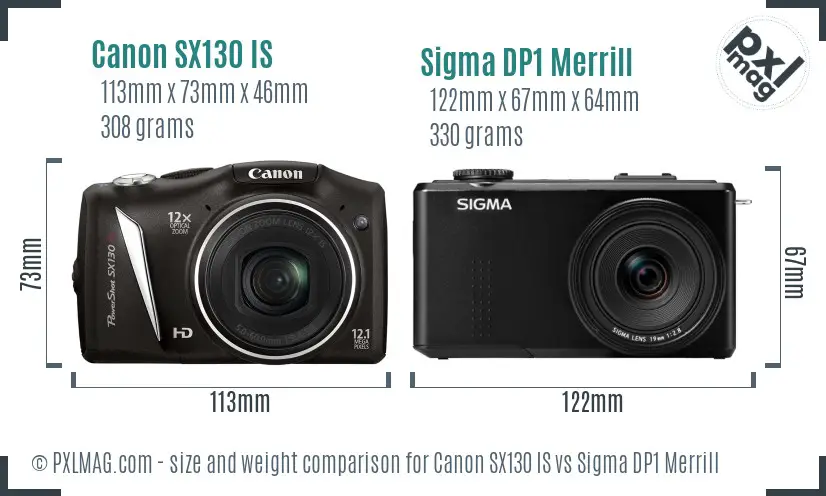 Canon SX130 IS vs Sigma DP1 Merrill size comparison