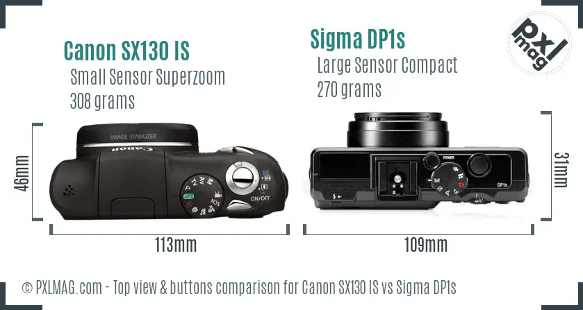 Canon SX130 IS vs Sigma DP1s top view buttons comparison