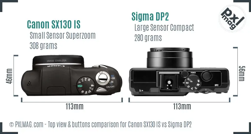 Canon SX130 IS vs Sigma DP2 top view buttons comparison Canon SX130 IS vs Sigma DP2 top view buttons comparison