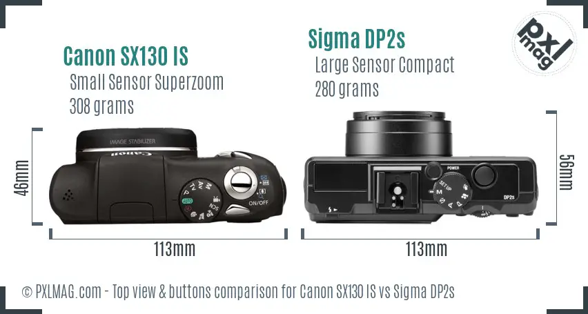 Canon SX130 IS vs Sigma DP2s top view buttons comparison Canon SX130 IS vs Sigma DP2s top view buttons comparison
