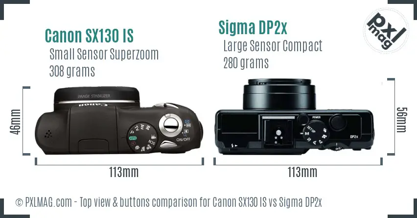 Canon SX130 IS vs Sigma DP2x top view buttons comparison Canon SX130 IS vs Sigma DP2x top view buttons comparison