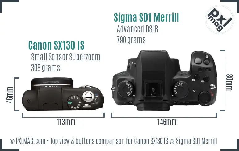 Canon SX130 IS vs Sigma SD1 Merrill top view buttons comparison Canon SX130 IS vs Sigma SD1 Merrill top view buttons comparison