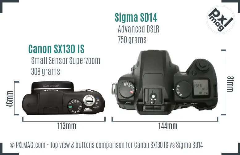 Canon SX130 IS vs Sigma SD14 top view buttons comparison