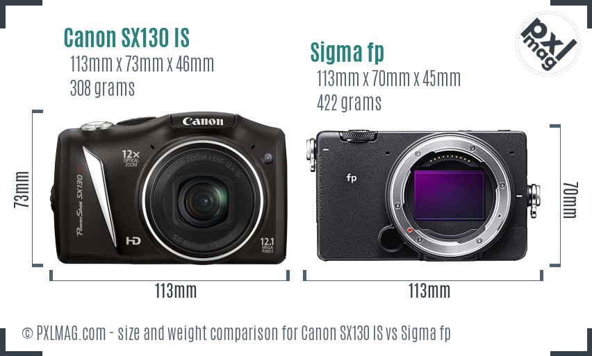 Canon SX130 IS vs Sigma fp size comparison