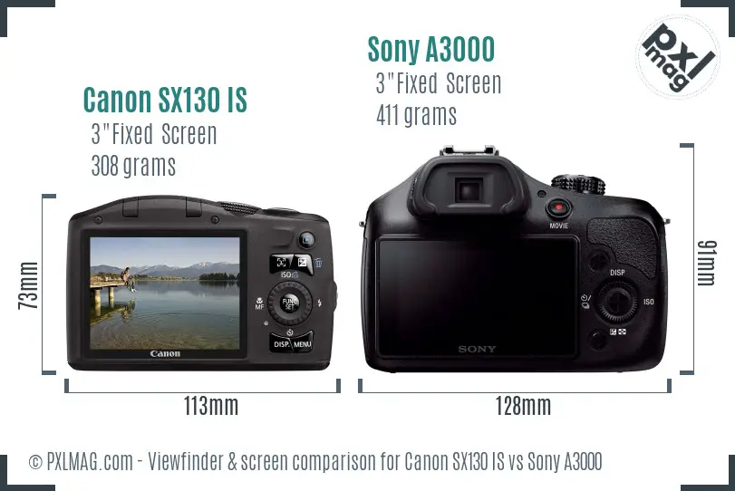 Canon SX130 IS vs Sony A3000 Screen and Viewfinder comparison