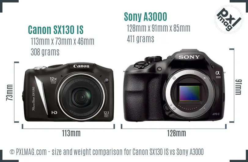 Canon SX130 IS vs Sony A3000 size comparison