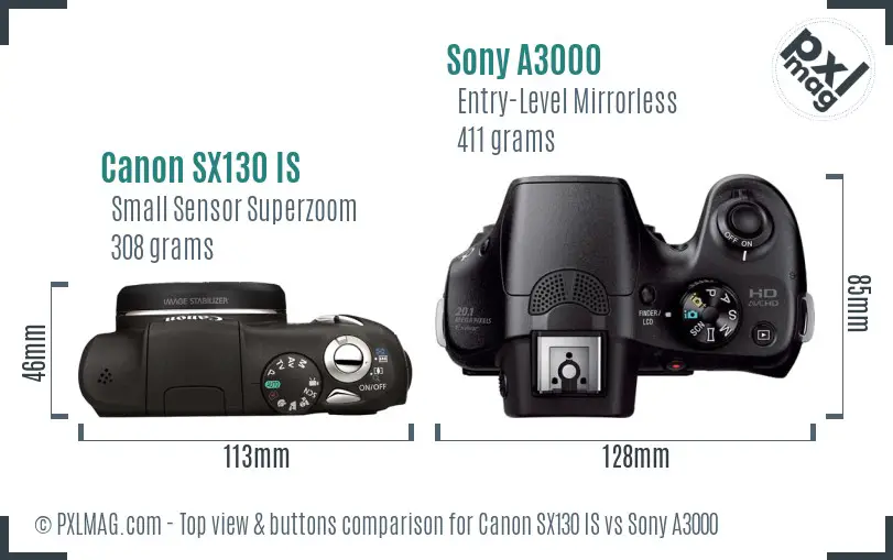 Canon SX130 IS vs Sony A3000 top view buttons comparison