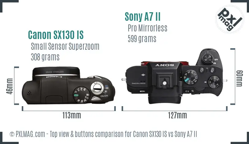 Canon SX130 IS vs Sony A7 II top view buttons comparison