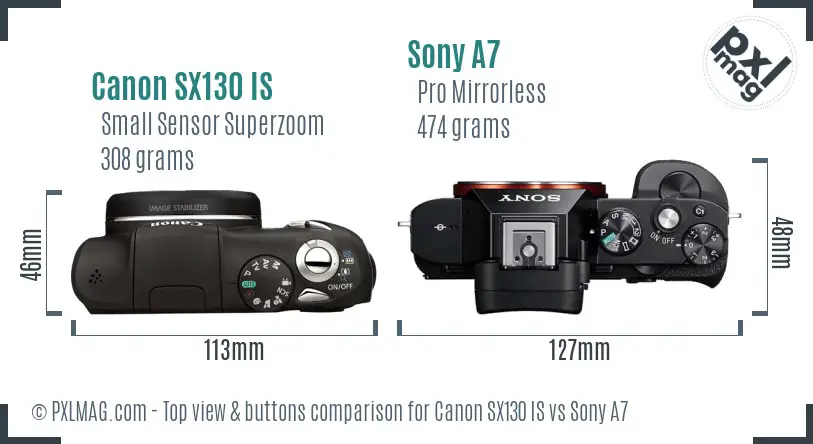 Canon SX130 IS vs Sony A7 top view buttons comparison