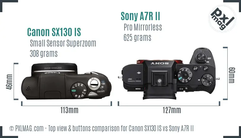 Canon SX130 IS vs Sony A7R II top view buttons comparison