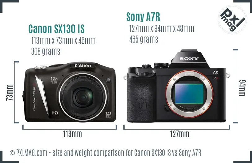 Canon SX130 IS vs Sony A7R size comparison Canon SX130 IS vs Sony A7R size comparison