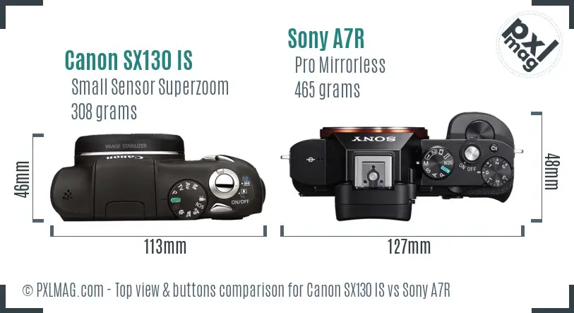 Canon SX130 IS vs Sony A7R top view buttons comparison Canon SX130 IS vs Sony A7R top view buttons comparison