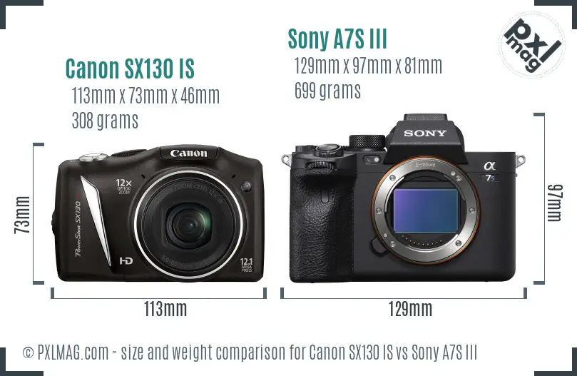 Canon SX130 IS vs Sony A7S III size comparison Canon SX130 IS vs Sony A7S III size comparison