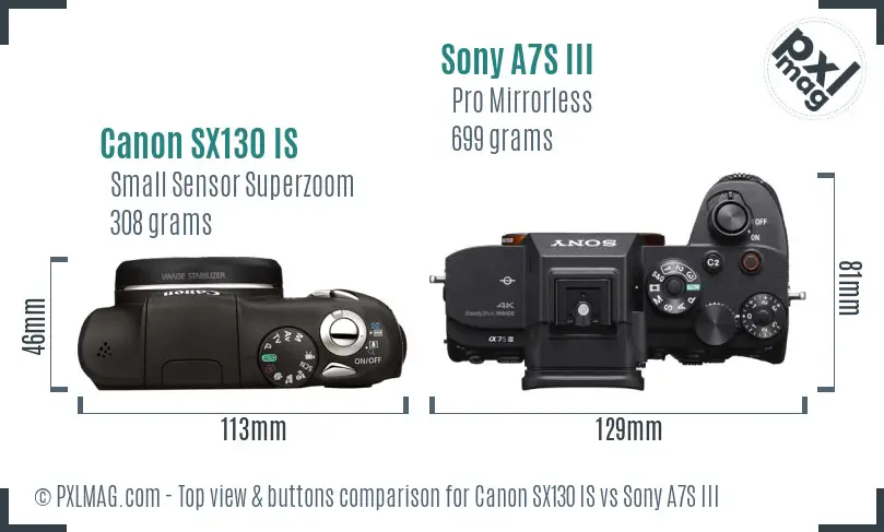 Canon SX130 IS vs Sony A7S III top view buttons comparison Canon SX130 IS vs Sony A7S III top view buttons comparison