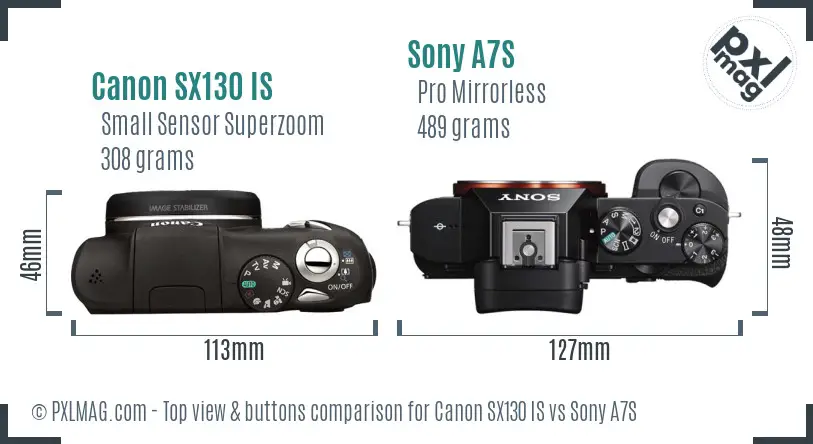 Canon SX130 IS vs Sony A7S top view buttons comparison