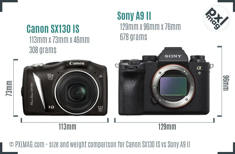 Canon SX130 IS vs Sony A9 II size comparison