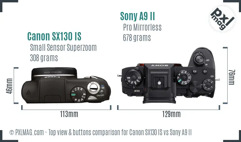 Canon SX130 IS vs Sony A9 II top view buttons comparison