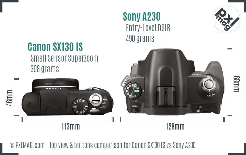 Canon SX130 IS vs Sony A230 top view buttons comparison